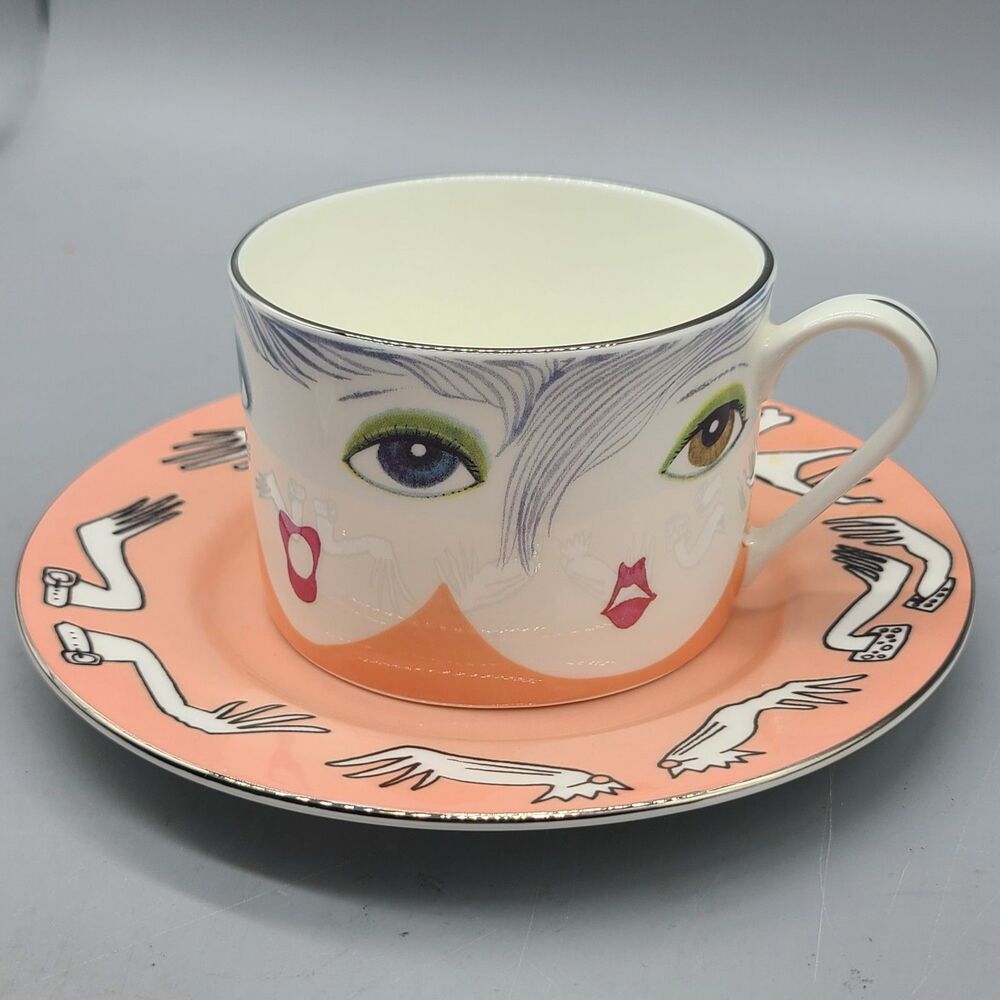 R Toledo Signed Girl Multi Face Pop Art Porcelain Cup Saucer Nordstrom NEW